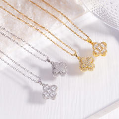 Dainty diamond four leaf clover pendant stainless steel chain necklace