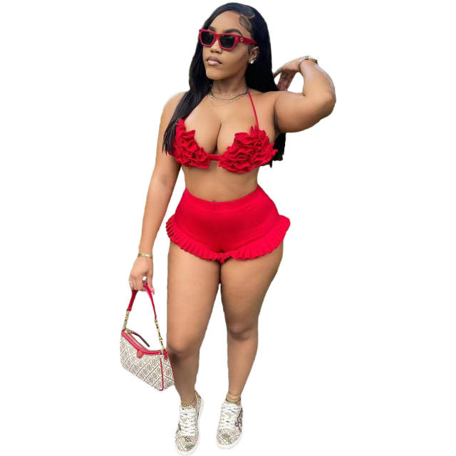 Sexy Strap Neck Backless Ruffled Shorts Set