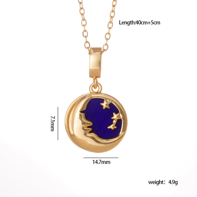 Fashion Sun Moon star blue enamel pendant stainless steel chain necklace