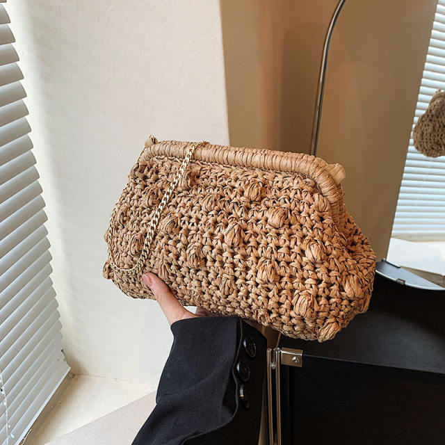 Straw Bag 2025 New Mori Sweet Girl Fashion Hollow Shoulder Bag Stylish Chain Crossbody Beach Bag