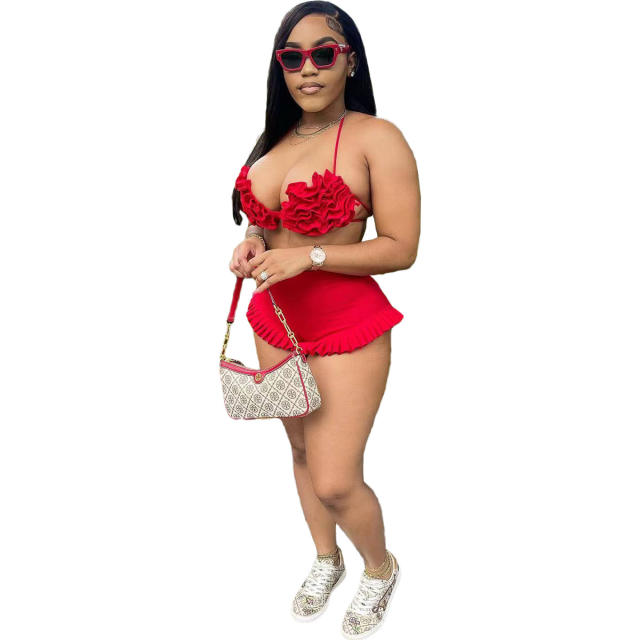 Sexy Strap Neck Backless Ruffled Shorts Set