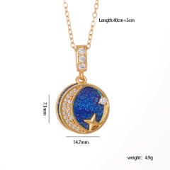 Fashion Sun Moon star blue enamel pendant stainless steel chain necklace