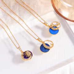 Fashion Sun Moon star blue enamel pendant stainless steel chain necklace
