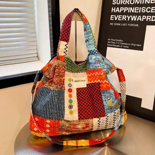 2025 Spring Ethnic Style Floral Patchwork Shoulder Bag Lazy Style Large Capacity Floral Square Tote Bag for Women