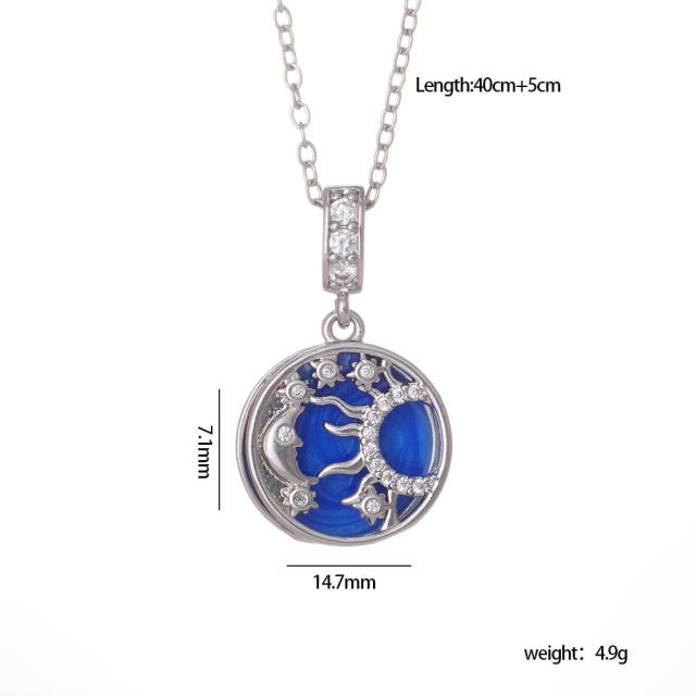 Fashion Sun Moon star blue enamel pendant stainless steel chain necklace