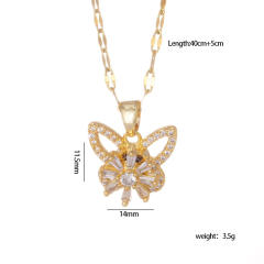 Zircon Time-running Rotating Four-leaf Clover stainless steel chain necklace