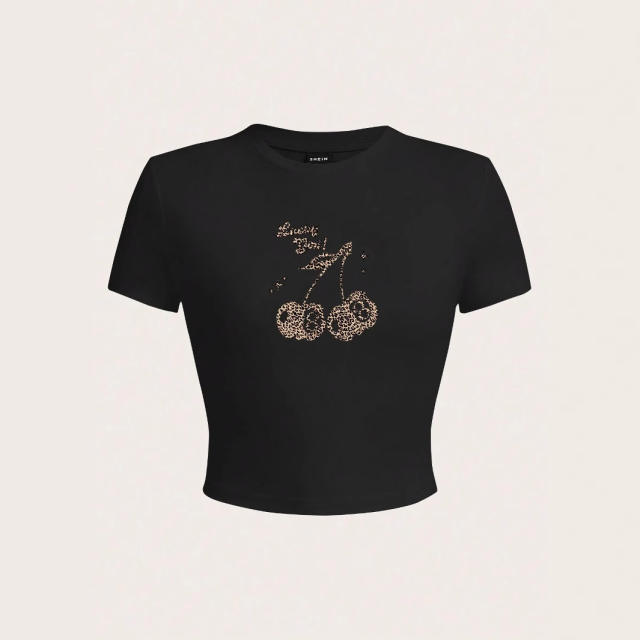 Summer New Slim-fit Hot Girl Cherry Print T-shirt Women's Leopard Print Y2K Women's Short