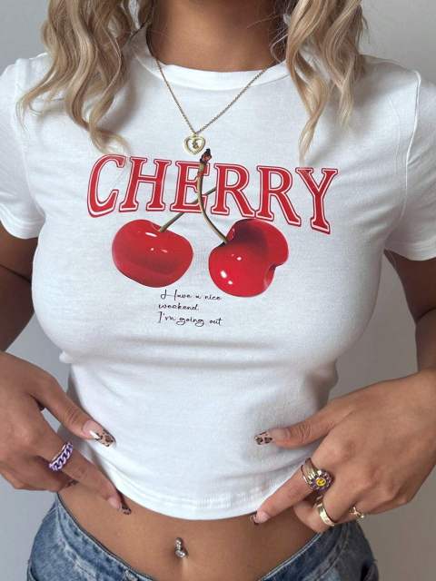 Summer New Slim-fit Hot Girl Cherry Print T-shirt Women's Leopard Print Y2K Women's Short