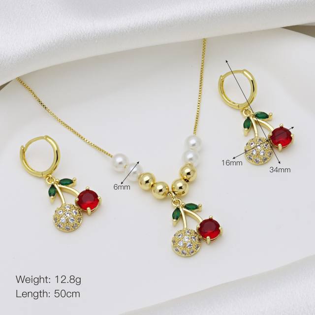Spring summer sweet cherry diamond necklace earrings set