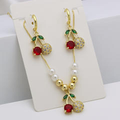 Spring summer sweet cherry diamond necklace earrings set