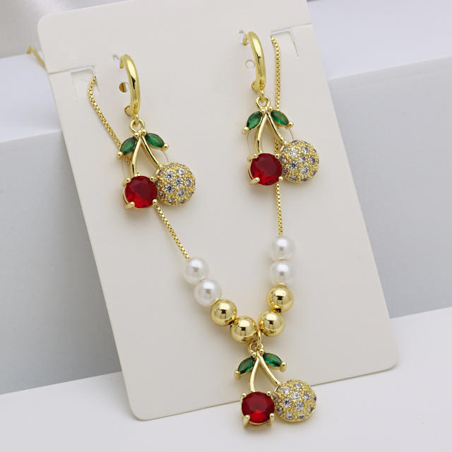 Spring summer sweet cherry diamond necklace earrings set