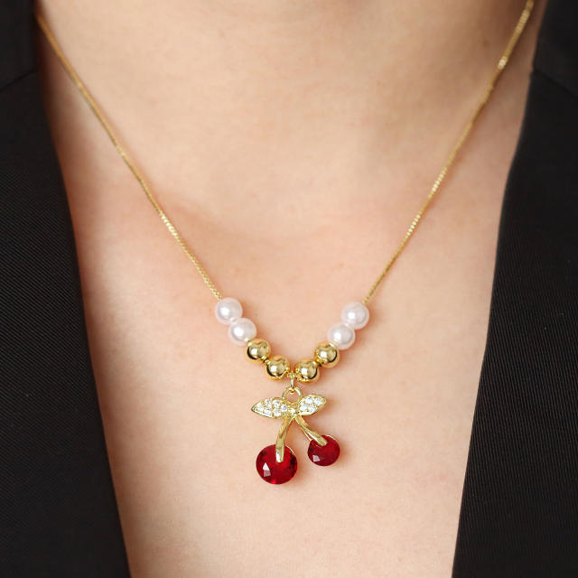 Spring summer sweet cherry diamond necklace earrings set