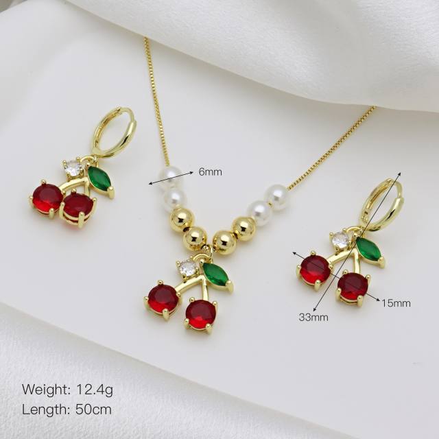 Spring summer sweet cherry diamond necklace earrings set