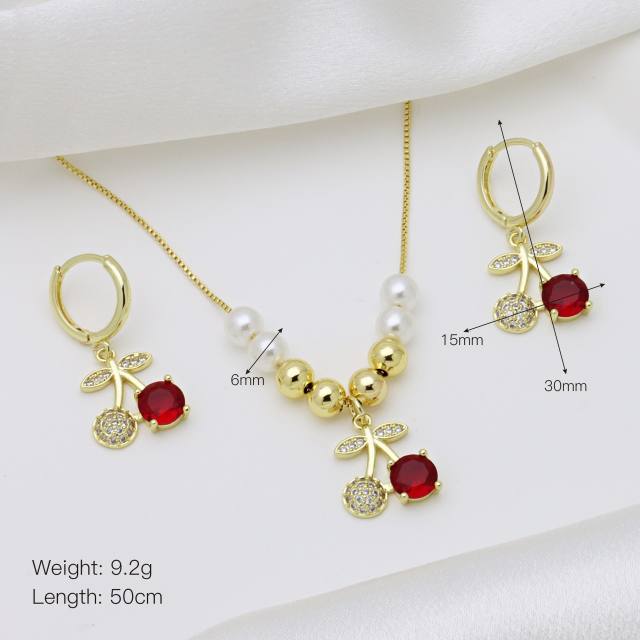 Spring summer sweet cherry diamond necklace earrings set