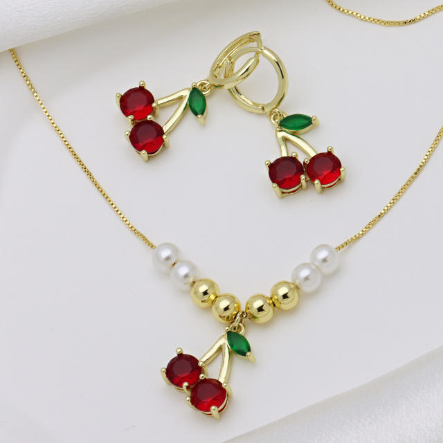 Spring summer sweet cherry diamond necklace earrings set