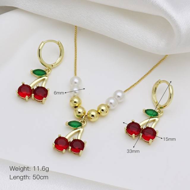 Spring summer sweet cherry diamond necklace earrings set