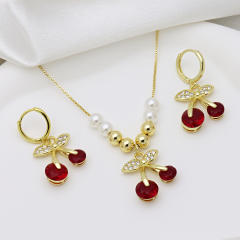 Spring summer sweet cherry diamond necklace earrings set