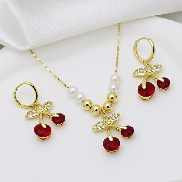 Spring summer sweet cherry diamond necklace earrings set