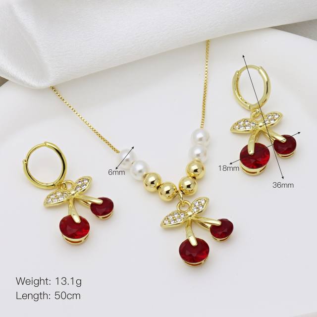 Spring summer sweet cherry diamond necklace earrings set