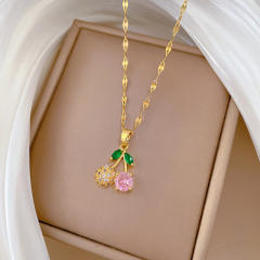 Sweet full diamond pink cherry pendant stainless steel chain necklace set
