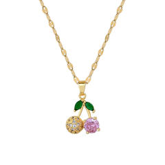 Sweet full diamond pink cherry pendant stainless steel chain necklace set