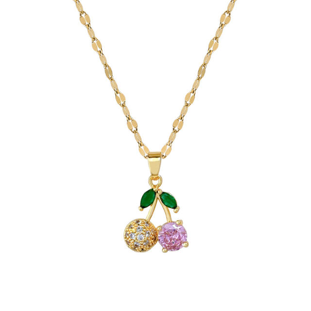 Sweet full diamond pink cherry pendant stainless steel chain necklace set