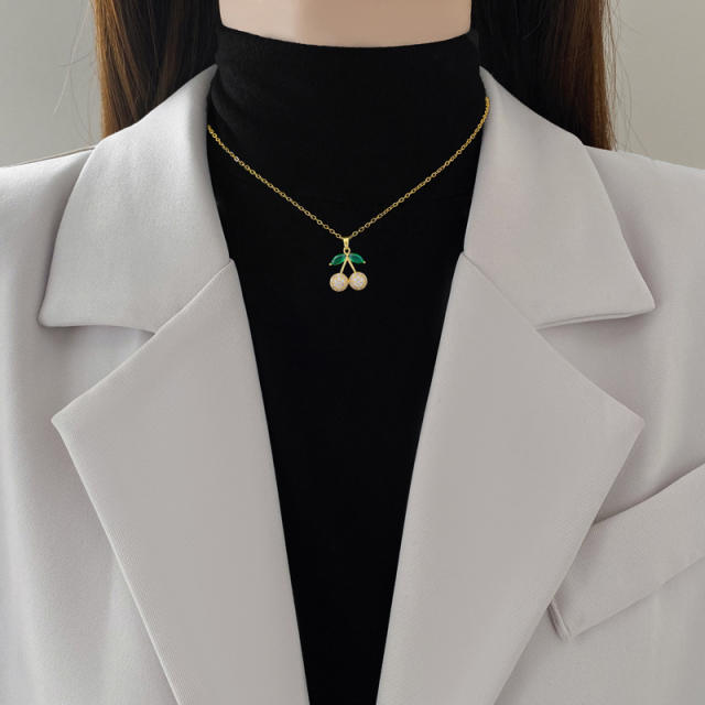 Dainty full diamond cherry pendant stainless steel chain necklace set