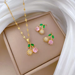 Sweet full diamond pink cherry pendant stainless steel chain necklace set