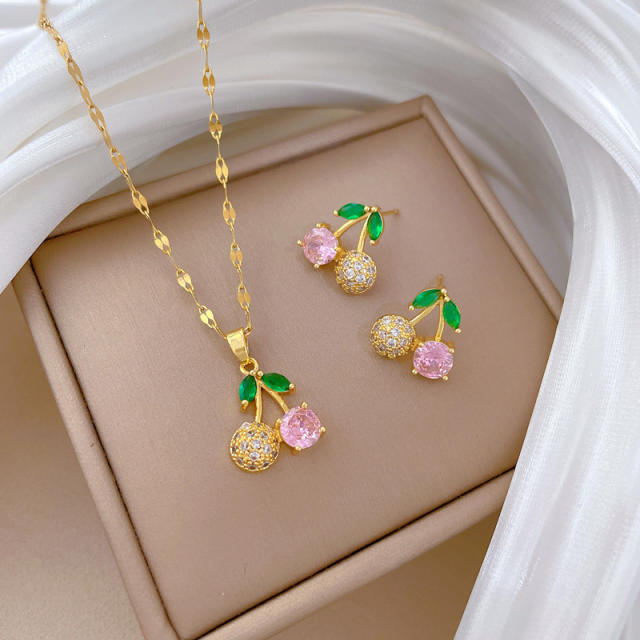 Sweet full diamond pink cherry pendant stainless steel chain necklace set