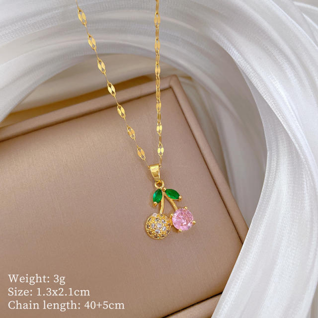 Sweet full diamond pink cherry pendant stainless steel chain necklace set