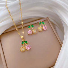 Sweet full diamond pink cherry pendant stainless steel chain necklace set
