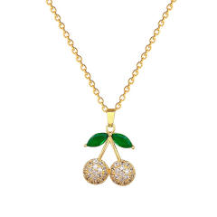 Dainty full diamond cherry pendant stainless steel chain necklace set