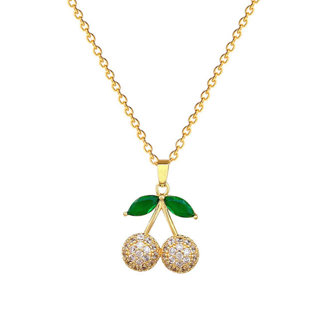 Dainty full diamond cherry pendant stainless steel chain necklace set