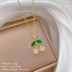 Dainty full diamond cherry pendant stainless steel chain necklace set