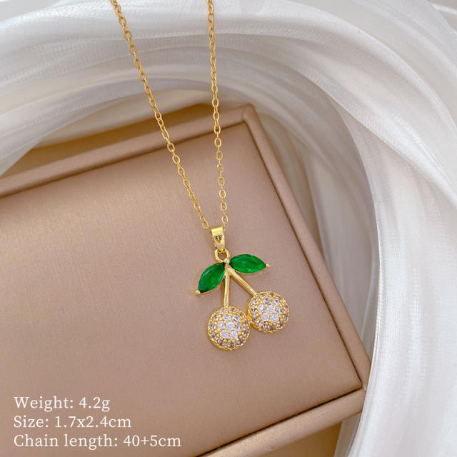 Dainty full diamond cherry pendant stainless steel chain necklace set