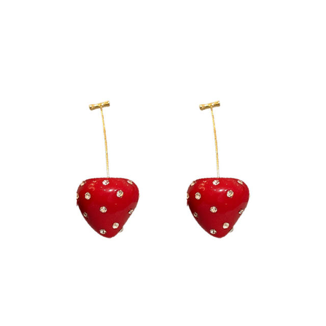 Steel Needle Strawberry Resin Diamond Earrings