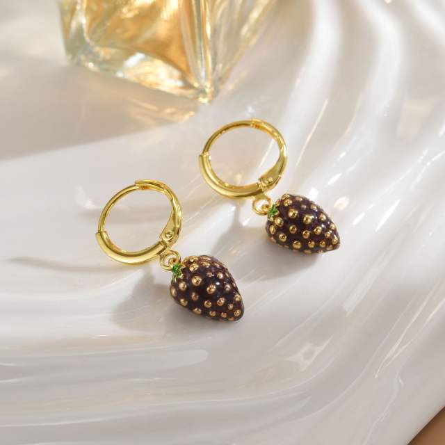 18KG enamel strawberry cherry gold plated copper huggie earrings