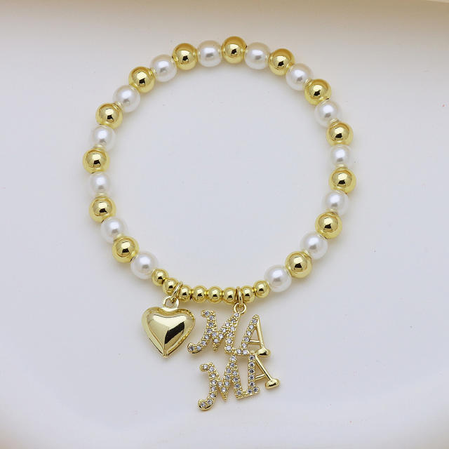 Hollow out diamond heart mama letter gold plated copper bracelet