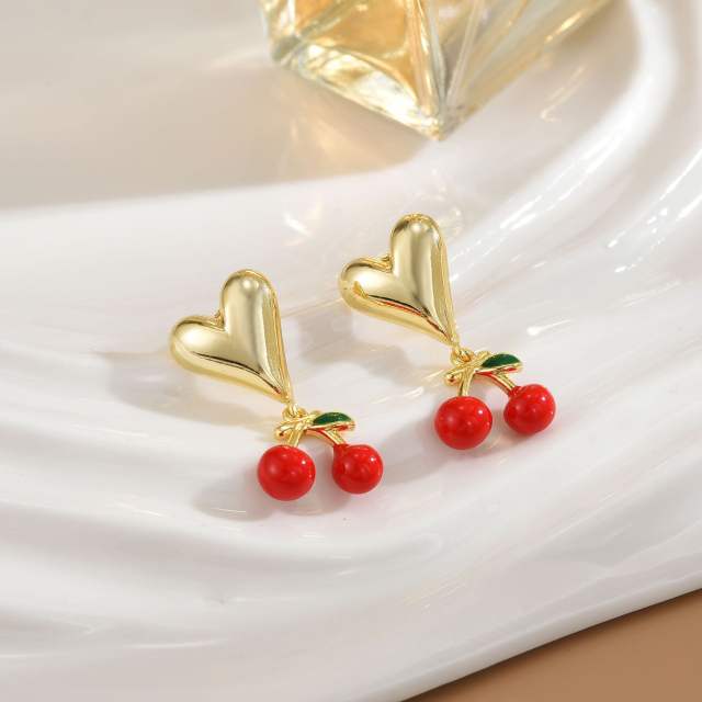 18KG enamel strawberry cherry gold plated copper huggie earrings