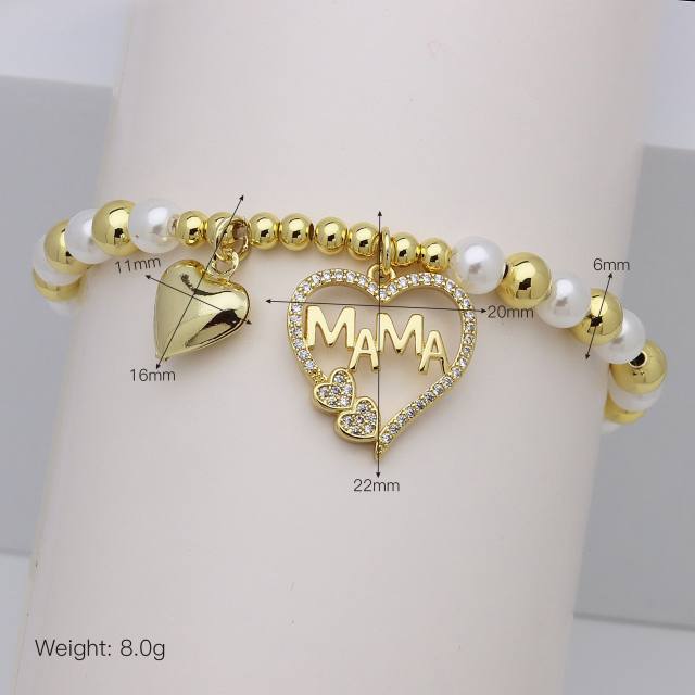 Hollow out diamond heart mama letter gold plated copper bracelet