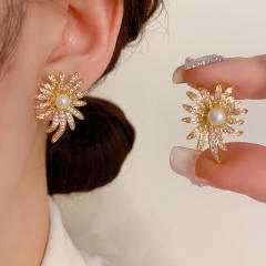 925 needle full diamond firework gold plated copper earrings