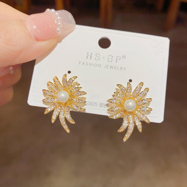 925 needle full diamond firework gold plated copper earrings