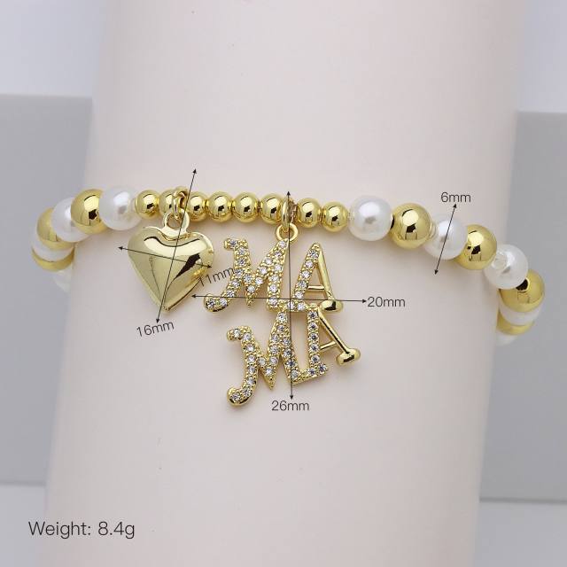 Hollow out diamond heart mama letter gold plated copper bracelet