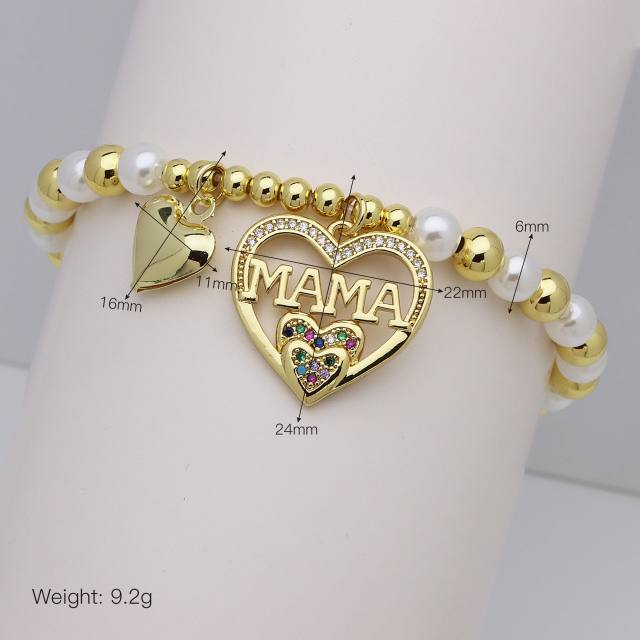 Hollow out diamond heart mama letter gold plated copper bracelet