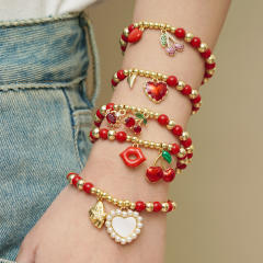 Spring summer Fruit Cherry Grape Pendant Bracelet Pearl Gold Plated Bracelet