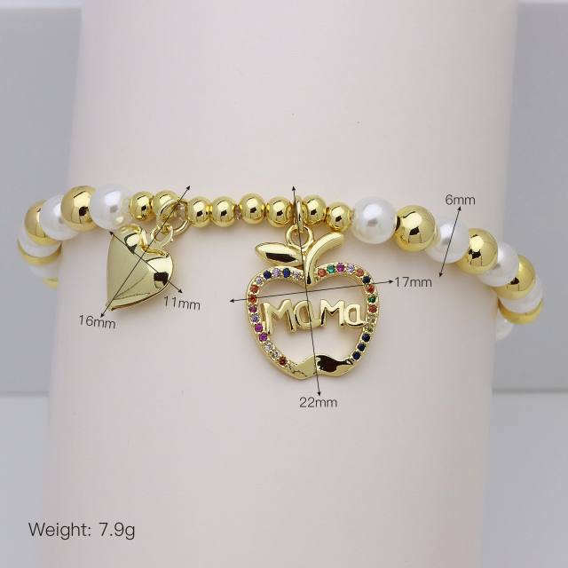 Hollow out diamond heart mama letter gold plated copper bracelet