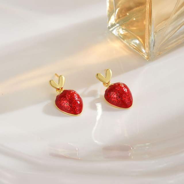 18KG enamel strawberry cherry gold plated copper huggie earrings
