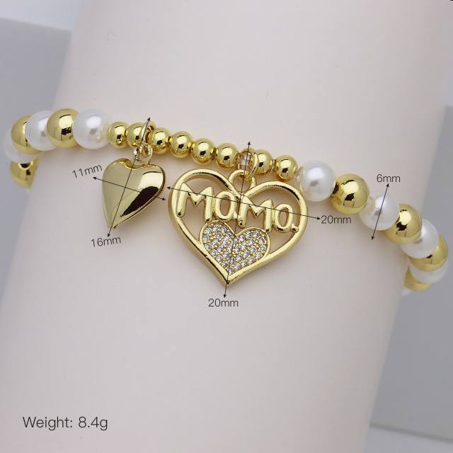 Hollow out diamond heart mama letter gold plated copper bracelet
