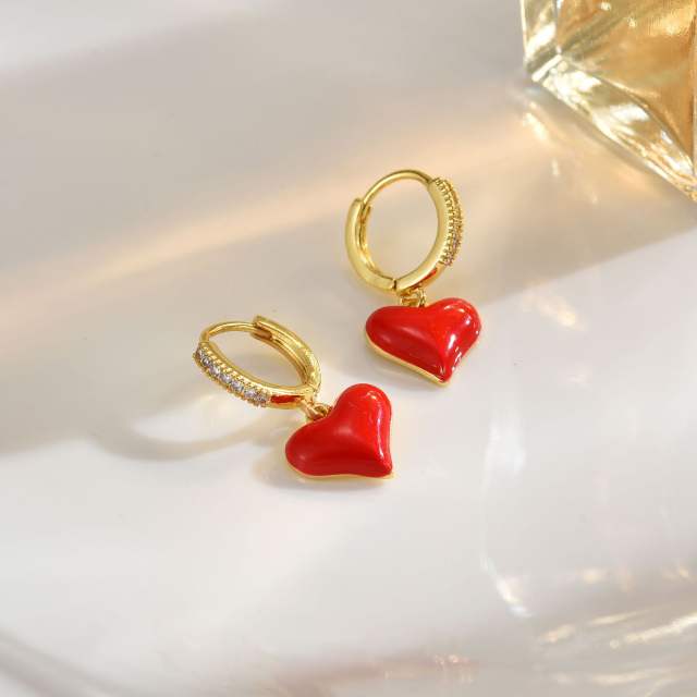 18KG enamel strawberry cherry gold plated copper huggie earrings