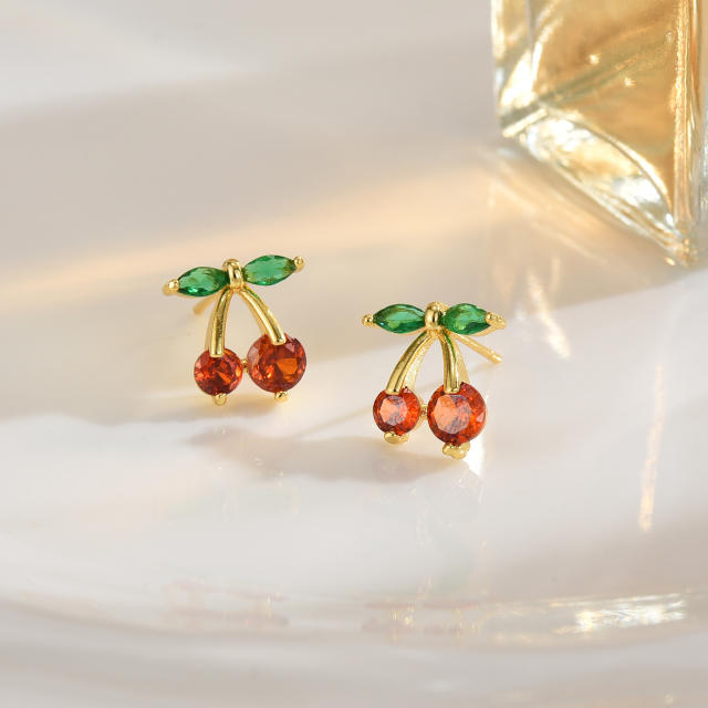 18KG enamel strawberry cherry gold plated copper huggie earrings